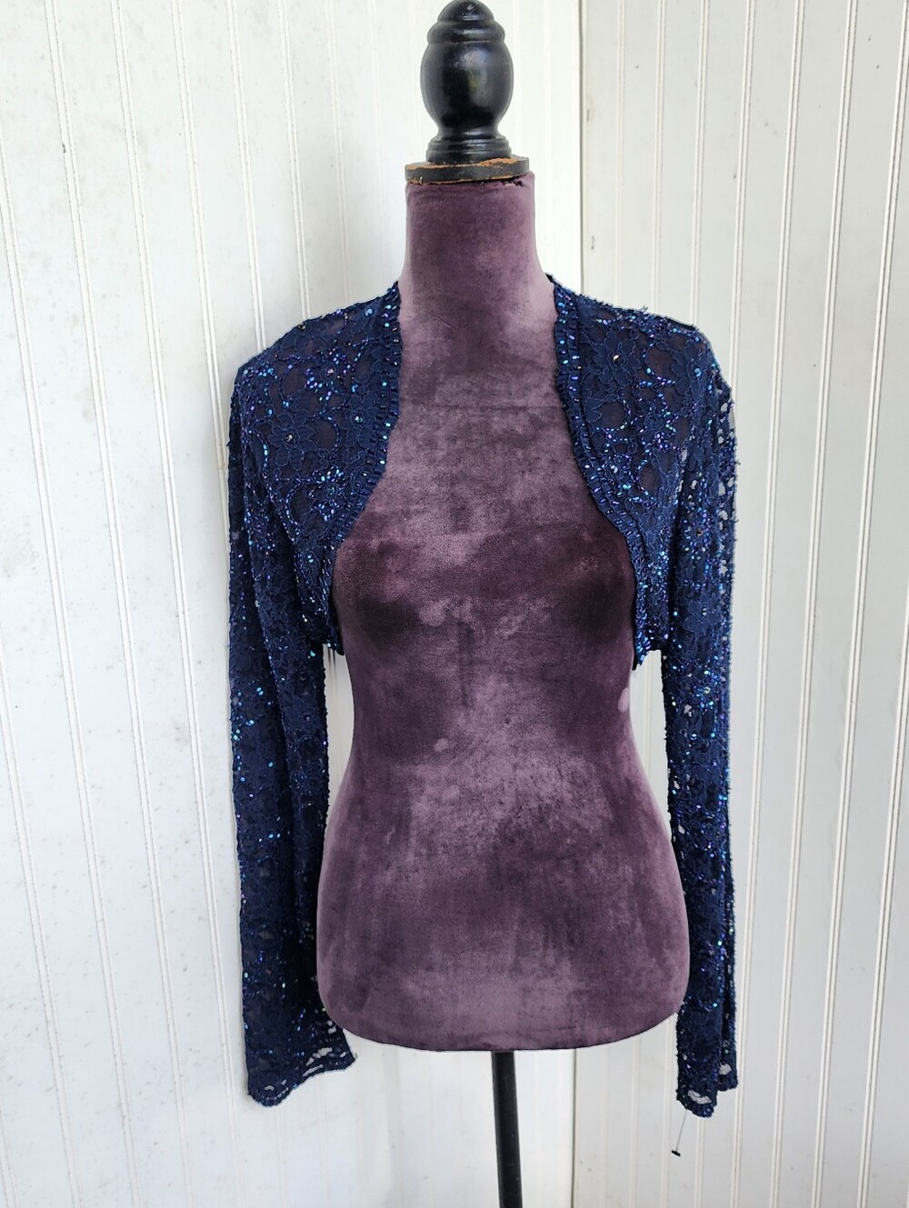 JS Boutique Shrug Navy Blue Open Front Bolero Jacket Cocktail Long Sleeve Bead L